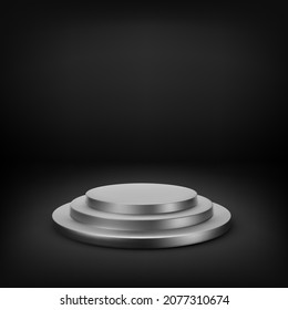 Realistic 3d black stage. Podium or scene. Empty studio with podium for advertising design. Vector illustration