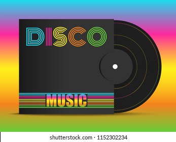 Realistic 3d black vinyl music record mockup in black cover with colorful font - Disco. Retro design disk template. Front view with shadow on rainbow color  background