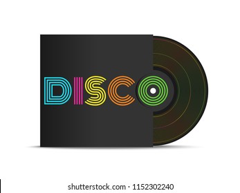 Realistic 3d black vinyl music record mockup in black cover with colorful font - Disco. Retro design disk template. Front view with shadow on white background