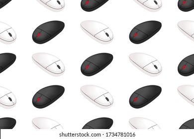 Realistic 3d black and white optical computer mouse seamless pattern. PC game equipment on white background textile print.  Vector illustration