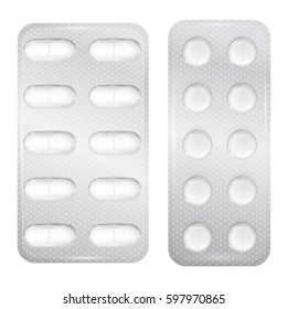 Realistic 3d blister with tablet and capsules. Vector medical  drugs isolated on white background.