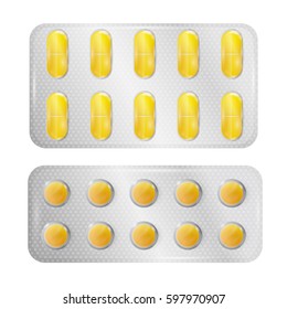 Realistic 3d blister with tablet and capsules. Vector medical  drugs isolated on white background.