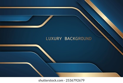Realistic 3d blue background with gold geometric shapes. Luxury style vector illustration