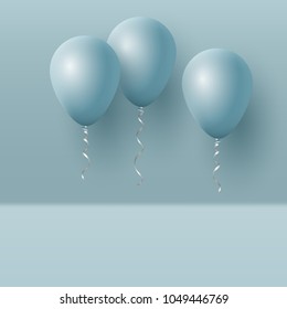 Realistic 3D blue ballons on the wall background. Decorative elements for greeting, invitation holiday background. Vector illustration.