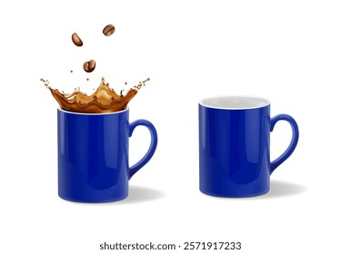 Realistic 3D blue ceramic coffee mug with a splash, isolated on white background. Coffee cup and arabica beans falling Vector illustration