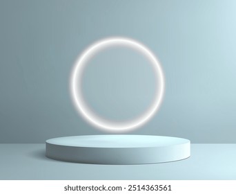 Podio o pedestal azul realista de la plataforma del círculo 3D sobre fondo azul con la sombra. Espacio vacío para la presentación de la presentación del producto. Maqueta minimalista con espacio de copia. Diseño de Vector de escaparate escénico.