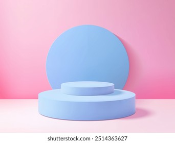 Realistic 3D blue circle platform podium or pedestal on pink background with shadow. Empty space for product display presentation. Minimalistic mockup with copy space . Stage showcase vector design.