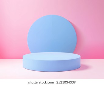 Realistic 3D blue circle platform podium or pedestal on pink background with shadow. Empty space for product display presentation. Minimalistic mockup with copy space . Stage showcase vector design.