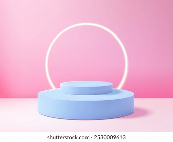 Podio o pedestal azul realista de la plataforma del círculo 3D sobre fondo rosado con la sombra. Espacio vacío para la presentación de la presentación del producto. Maqueta minimalista con espacio de copia. Diseño de Vector de escaparate escénico.