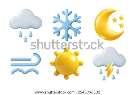Realistic 3D Blue Cloud with rain and sun. Cute Cartoon vector Design Isolated on White Background. Weather Illustration concept render objects for Holiday poster, flyer brochure and template.