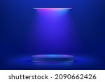 Realistic 3d blue cylinder pedestal podium in Sci-fi dark blue abstract room with illuminate horizontal neon lamp. Vector rendering product display presentation. Futuristic minimal scene.