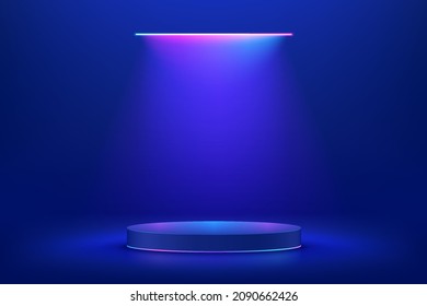 Realistic 3d blue cylinder pedestal podium in Sci-fi dark blue abstract room with illuminate horizontal neon lamp. Vector rendering product display presentation. Futuristic minimal scene. - Shutterstock ID 2090662426