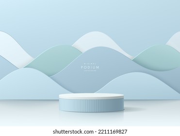 Realistic 3D blue cylinder pedestal podium with white wavy shapes layers in paper cut style background. Vector abstract geometric minimal scene mockup product display, Pastel round stage for showcase.