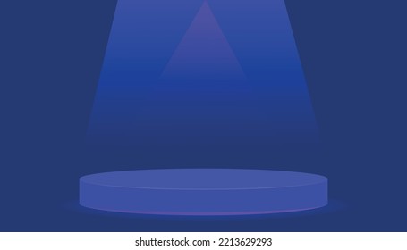 Realistic 3d blue cylinder pedestal podium in Sci-fi dark blue abstract room with illuminate horizontal neon lamp. Vector rendering product display presentation. Futuristic minimal scene.