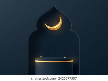 Realistic 3D blue cylinder podium ramadan kareem background in mosque shape scene. Abstract minimal scene mockup products stage showcase, Islamic Eid al Adha Mubarak festival banner promotion display.