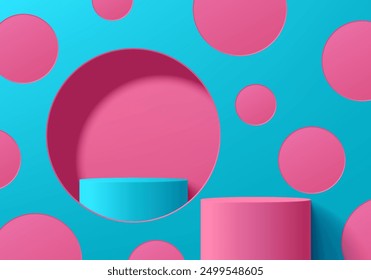 Realistic 3D blue cylindrical podium background with pink polka dots on blue wall scene. Minimalist 3D mockup pedestal, Abstract product display presentation, Stage showcase. Platforms vector design.