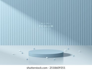 Fundo de pódio cilíndrico azul 3D realista com cena de parede padrão serrilhada, piso branco. Apresentação abstrata da exposição do produto do pedestal da maquete minimalista, vitrine do palco. Design vetorial de plataformas