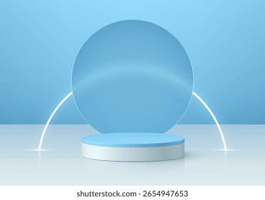 Realistische 3D blau zylindrischen Podium Hintergrund mit Kurve Neon Beleuchtung, Runde Hintergrund . Minimalistisches Mockup-Podest, Präsentation der abstrakten Produktpräsentation, Bühnenpräsentation. Plattformen, Vektordesign.