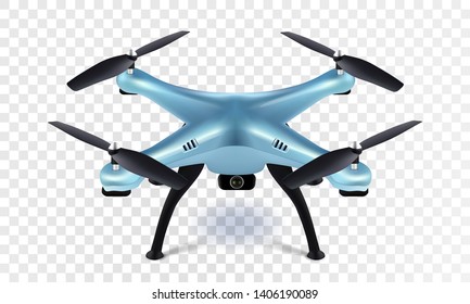 Realistic 3D blue drone quadcopter quadrocopter on transparent background. Vector eps10