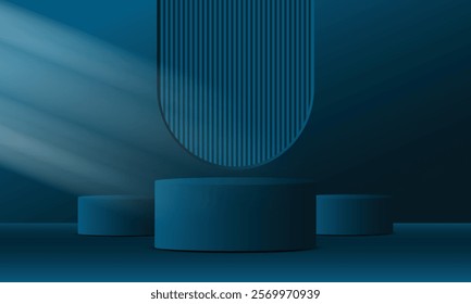 Realistic 3d blue empty podium on blue background. Elegant stage design for product demonstration and marketing promotion, advertising, banner, poster. Vector illustration.