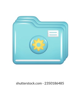 Realistic 3d blue folder and settings icon. Decorative 3d management, closed file element, web symbol, archive sign, service icon, help options. Vector illustration isolated on white background