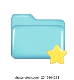 Realistic 3d blue folder with yellow star. Decorative 3d management, file element, web symbol, paper icon, archive sign. Favorite folder icon. Vector illustration isolated on white background