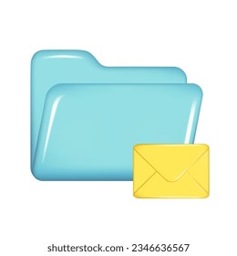 Realistic 3d blue folder with yellow sealed mail envelope. Decorative 3d opened file element, web postal symbol, paper icon, archive sign, mail icon. Vector illustration isolated on white background