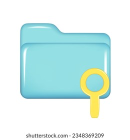 Realistic 3d blue folder with yellow search icon, loupe search. Decorative 3d management, file element, web symbol, research icon, archive sign. Vector illustration isolated on white background