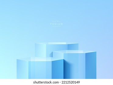 Realistic 3D blue glass cube hexagon stand or podium set in clean wall background. Pastel minimal scene for mockup products stage showcase, Promotion display. Vector abstract geometric forms design.