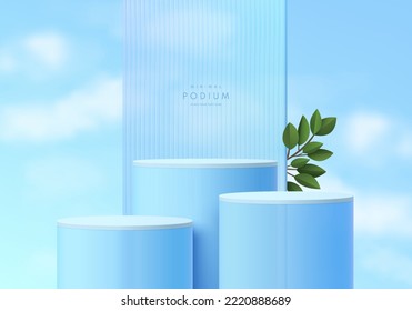 Realistic 3D blue glass cylinder stand podium set with partition, green leaf and cloud sky background. Minimal scene mockup products stage showcase, Promotion display. Vector abstract geometric forms.