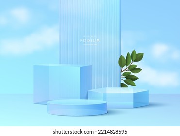 Realistic 3D blue glass geometric shape pedestal podium set with partition, green leaf and blue sky background. Vector abstract minimal scene stand mockup products display. Cube, round stage showcase.