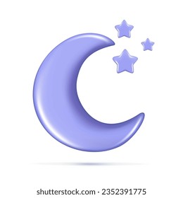 Realistic 3d blue glossy Moon with stars. Decorative 3d half month symbol, crescent icon, cute dream cartoon element. Abstract vector illustration isolated on white background