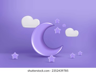 Realistic 3d blue glossy Moon with stars and white clouds. Decorative 3d half month symbol, crescent icon, cute dream cartoon element. Abstract vector illustration isolated on blue violet background