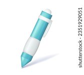 Realistic 3d blue glossy pen, mechanical ballpoint pen. Cartoon 3d stationery attribute, education concept, drawing symbol, writing icon. Vector illustration isolated on white background