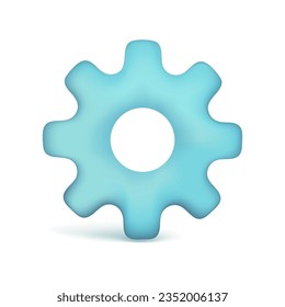 Realistic 3d blue glossy settings icon. Cartoon 3d cogwheel gear, optimizing business concept, repair symbol, technical service or support icon. Vector illustration isolated on white background