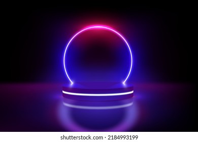 Realistic 3d blue pedestal podium in sci fi room. Vector illustration of empty podium with light gradient, rendering product display presentation. Winner pedestal, futuristic minimal scene