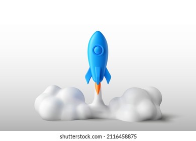 Realistic 3d blue rocket flying in space. Spaceship rocket lunch icon isolated on white background. Catroon space shuttle for startup business concept. Vector simple illustration