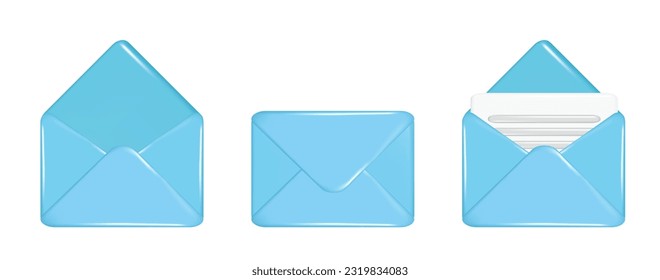 Realistischer 3D-blauer Briefumschlag, offener Briefumschlag und Briefpapier. Dekoratives 3D-Postbriefelement, Postsymbol. Vektorgrafik einzeln auf weißem Hintergrund