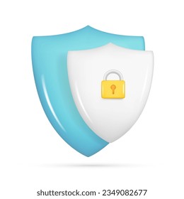 Realistic 3d blue security safe icon with padlock. Customer 3d glossy guaranteed protection symbol, quality protected shield emblem. Vector illustration isolated on white background