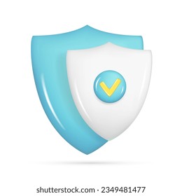 Realistic 3d blue security safe icon with checkmark. Customer 3d glossy guaranteed protection symbol, quality protected shield emblem. Vector illustration isolated on white background