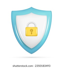 Realistic 3d blue security safe icon with padlock. Customer 3d glossy guaranteed protection symbol, quality protected shield emblem. Vector illustration isolated on white background