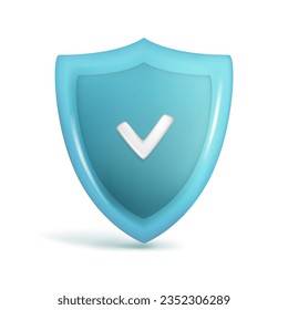 Realistic 3d blue security safe icon with checkmark. Customer 3d glossy guaranteed protection symbol, quality protected shield emblem. Vector illustration isolated on white background