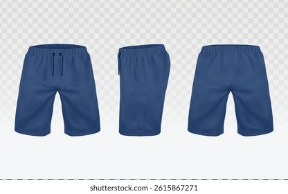 Realistic 3D blue shorts mockup vector showing front, side, and back views on light checkered background. Perfect for sportswear designs, e-commerce visuals, and summer fashion concepts. 