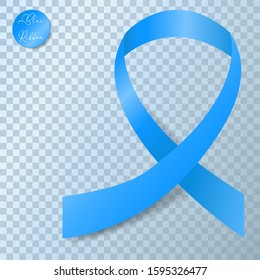 Realistic 3d blue silk ribbon on transparent background. World prostate cancer day. Satin ribbon mock up. Awareness blue november ribbon. Vector illustration