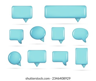 Realistic 3d blue speech bubble text, message box, chatting box. Decorative 3d element, chat dialogue icon, empty speak bubble symbol. Abstract vector illustration isolated on white background