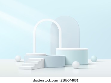 Realistisches 3D-Blau-Weiß-Zylinder-Podium mit Treppe, Bälle und Bogenform Hintergrund. Abstrakte minimale Szene für Produkte präsentieren, Promotion Display. Geometrisches Vektor-Formdesign. 