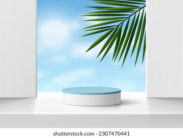 Realista fondo de podio peatonal 3D azul, cilindro blanco con cielo azul y hoja de palma. Muestra de escena de productos de simulación de escenas minimalistas de pared, pantalla de promoción cosmética. Resumen de la plataforma vectorial vacía.