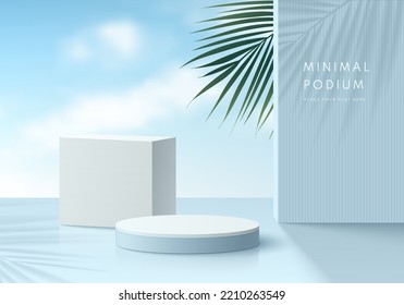 Realistic 3D blue, white geometric pedestal podium with green palm leaf and blue sky background. Abstract minimal scene for mockup products, stage showcase, promotion display. Vector geometric forms.