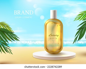 Realistic 3d body oil promotion banner. Cosmetic products on a round white podium on a summer sunny beach with palm trees