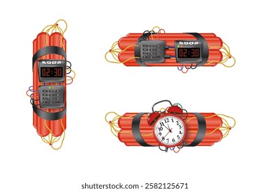 Realistic 3d bomb dynamite sticks with burning fuse. Vector